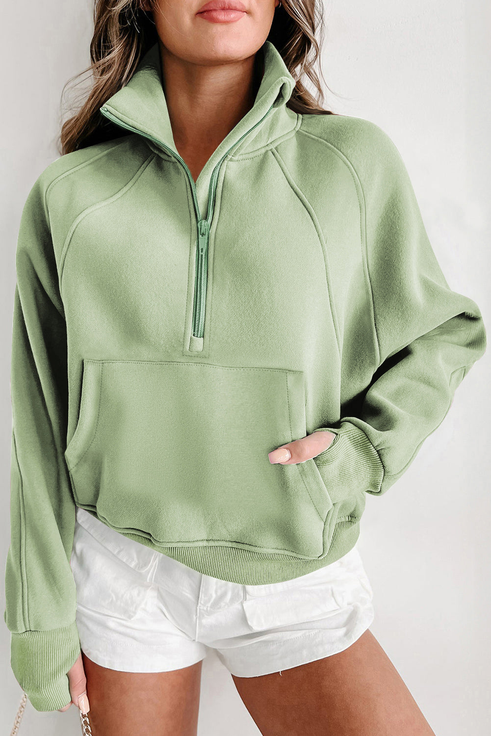 Green Fleece Lined Zip Up Thumbhole Sleeve Sweatshirt