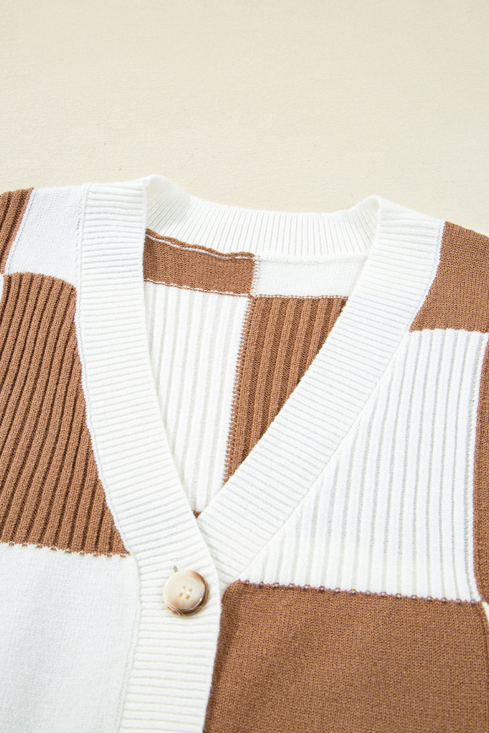 Brown and White Checkered Pattern Knit Cardigan
