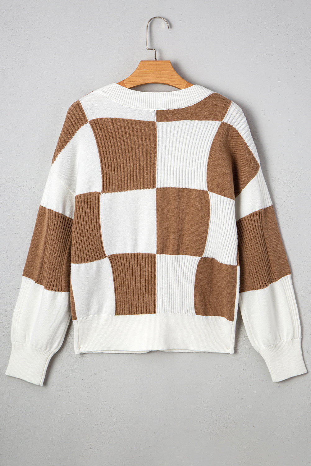 Brown and White Checkered Pattern Knit Cardigan