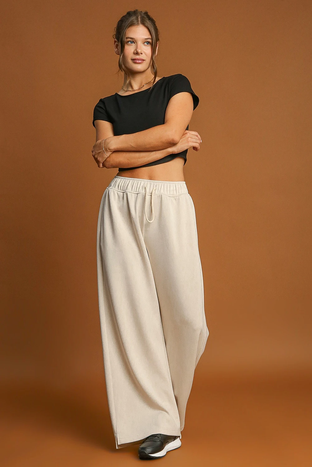 Apricot Drawstring Elastic Waistband Casual Wide Leg Pants