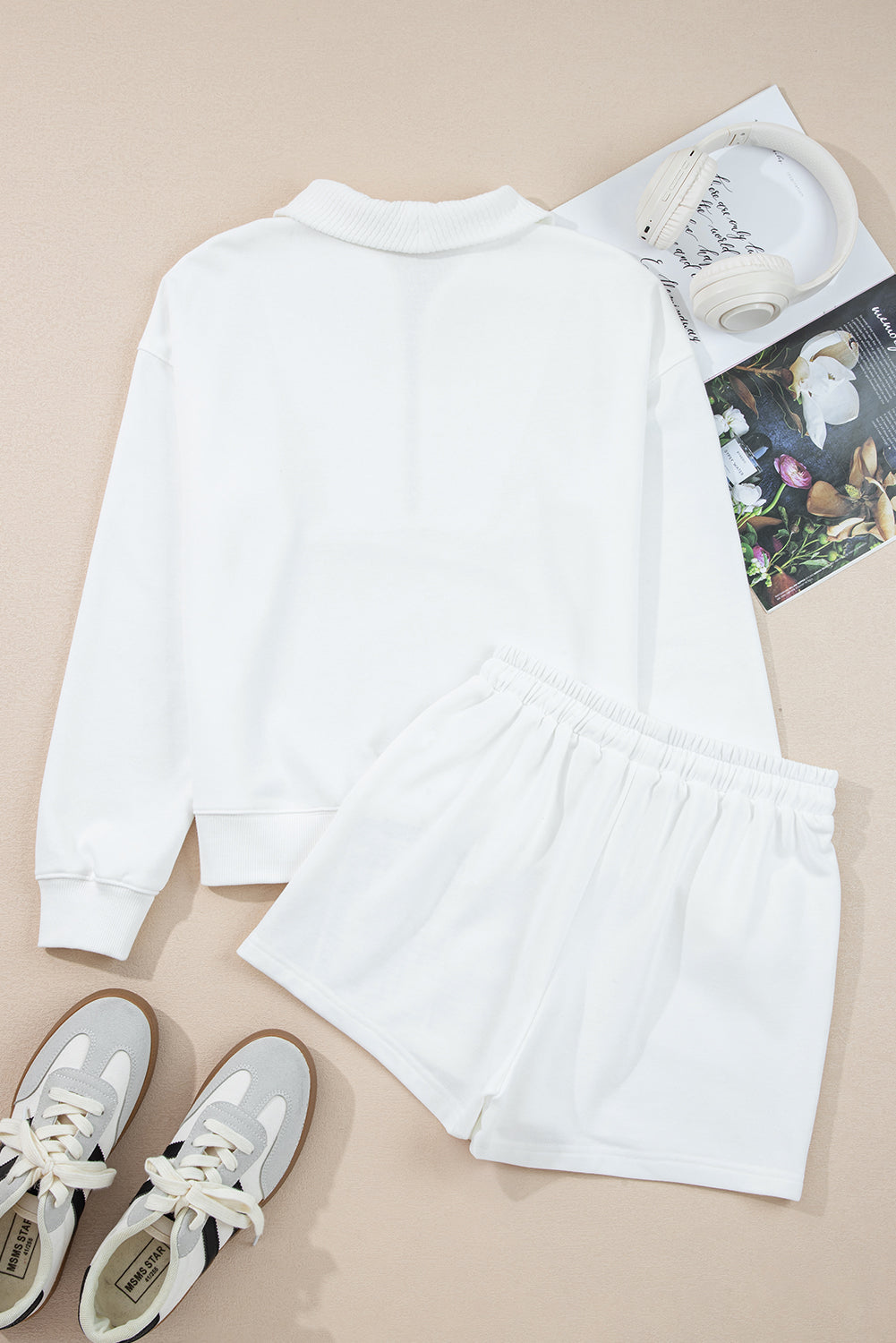 White Ribbed Collar Sweatshirt and Shorts Set