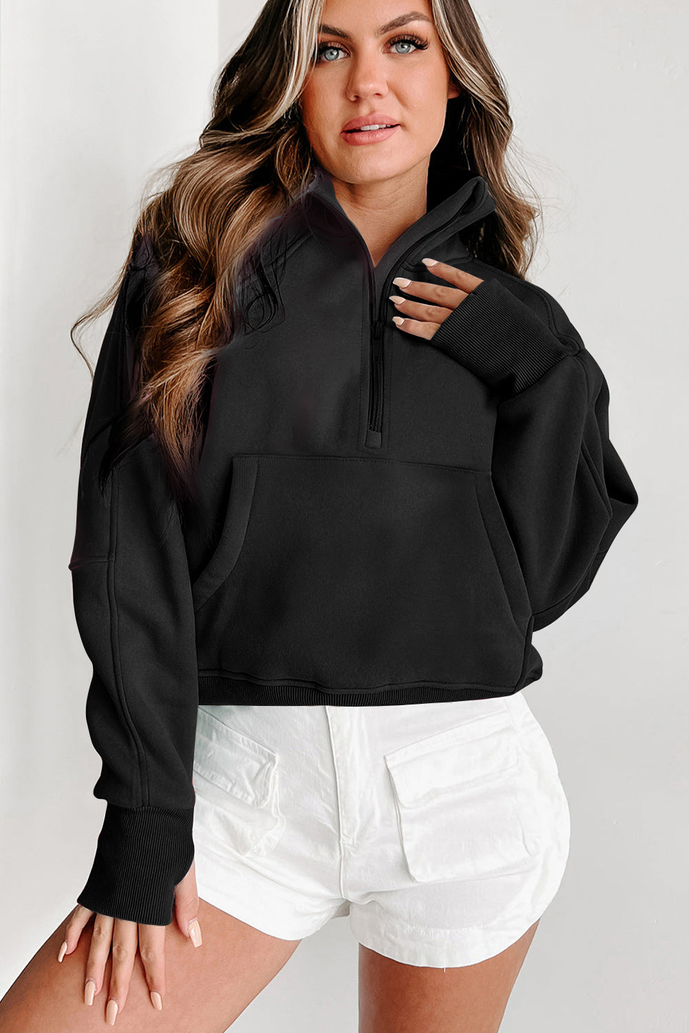 Black Fleece Lined Zip Up Thumbhole Sleeve Sweatshirt