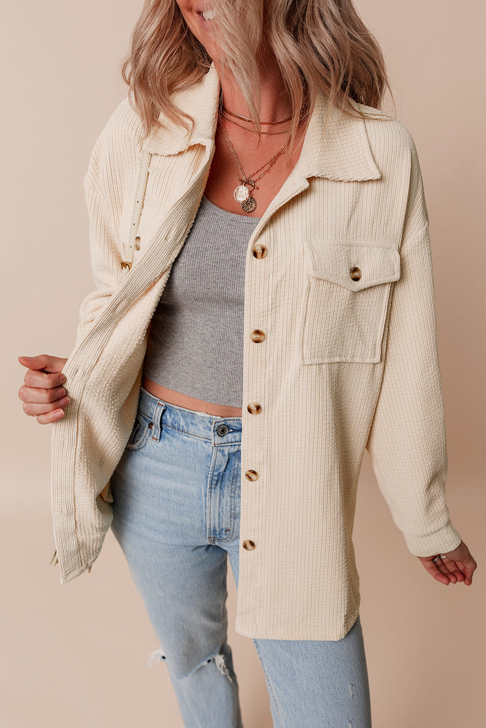 Oatmeal Corduroyt Button Up Shacket