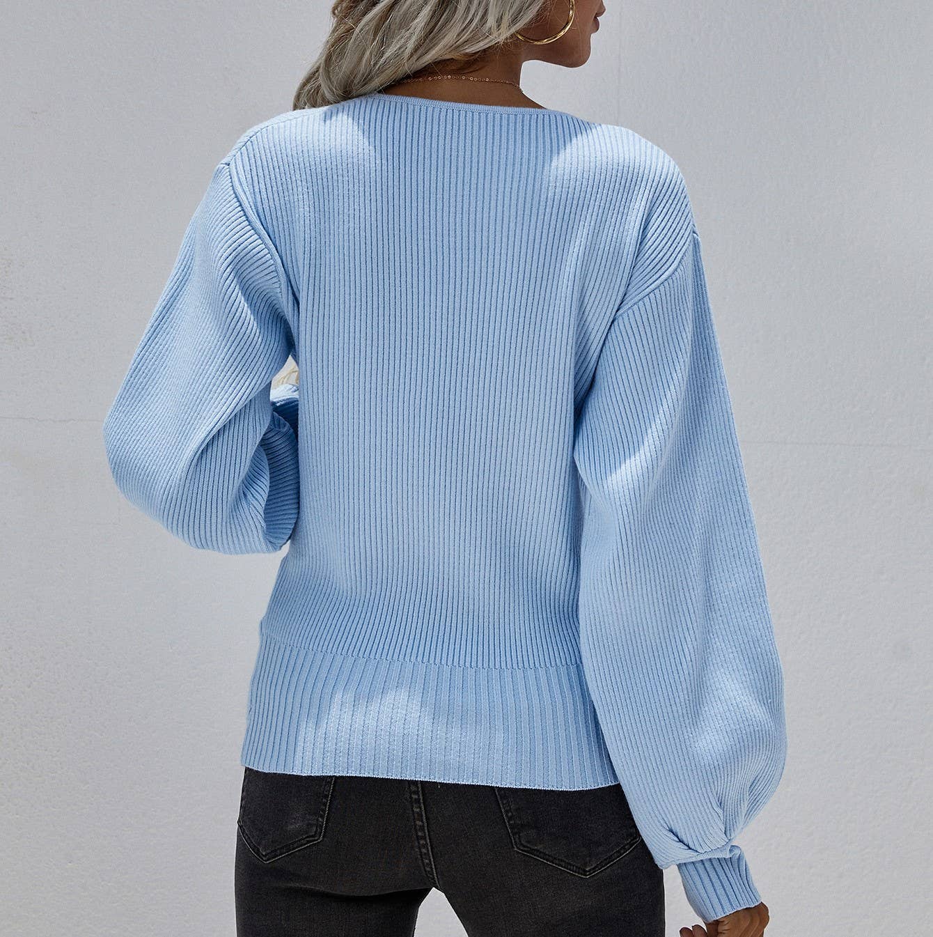 Crossover V-Neck Balloon Sleeve Knit Top