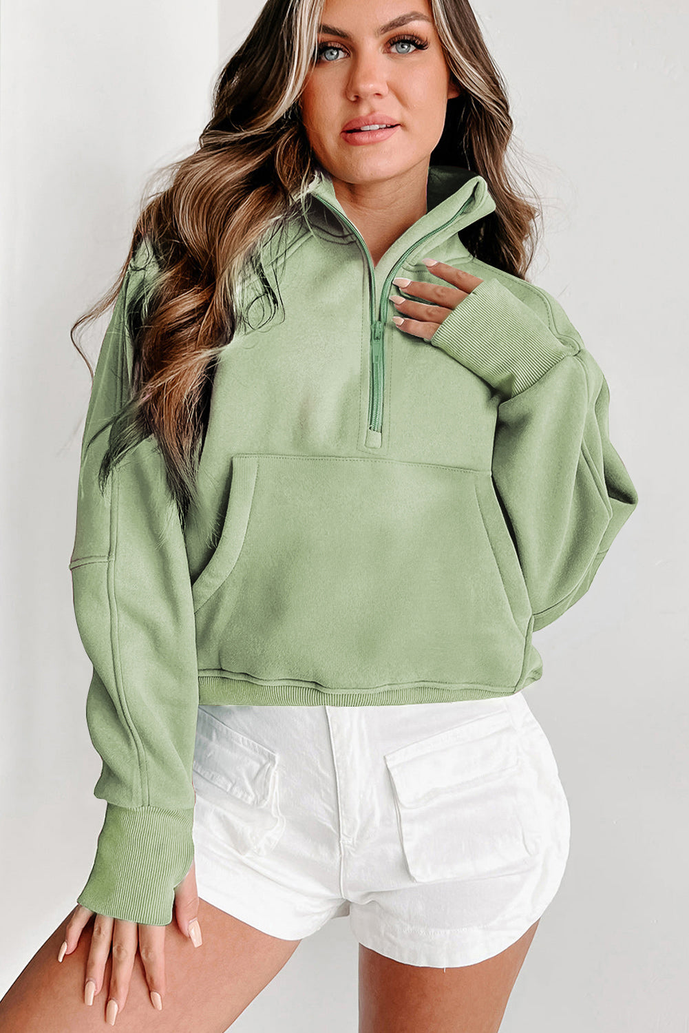 Green Fleece Lined Zip Up Thumbhole Sleeve Sweatshirt