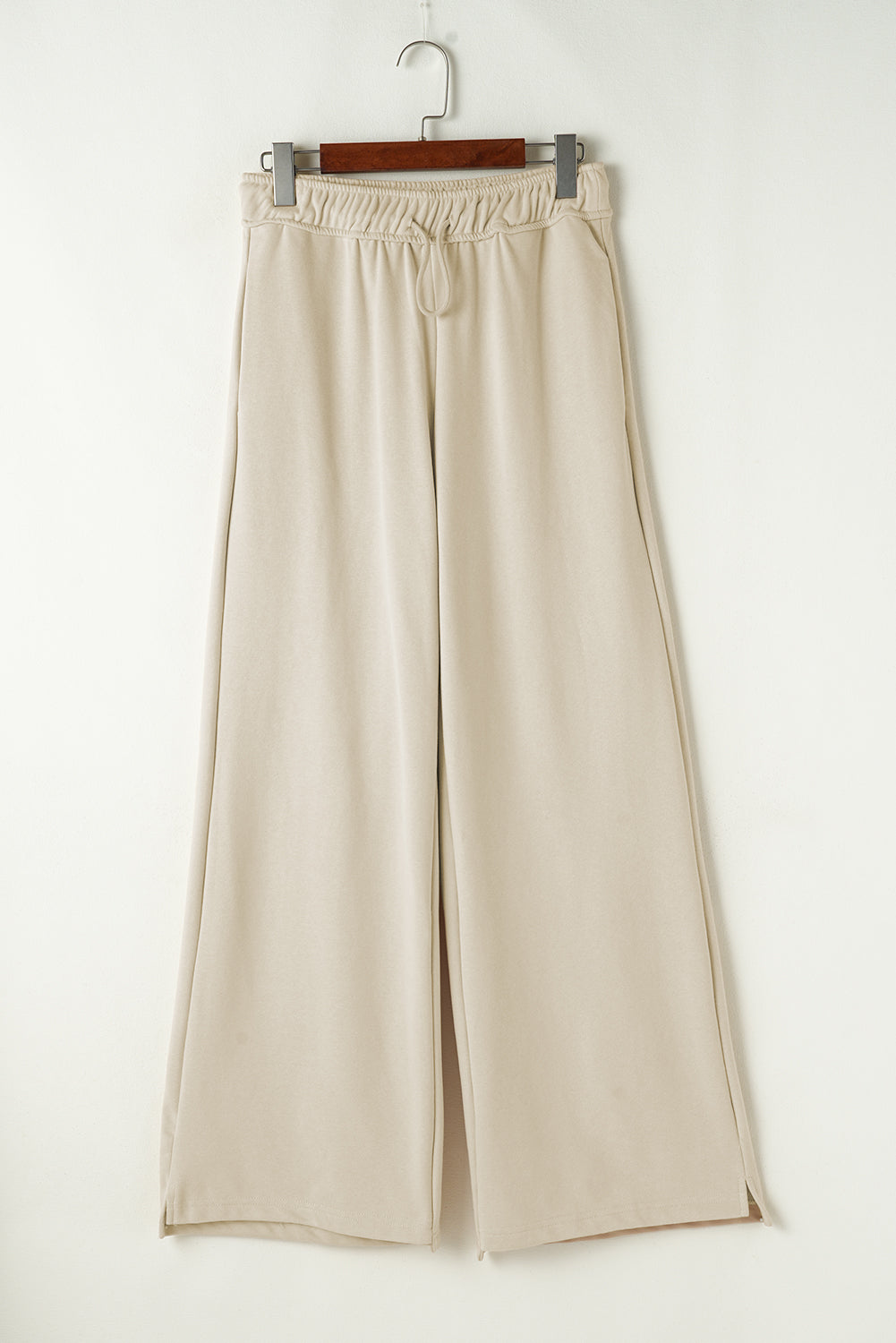 Apricot Drawstring Elastic Waistband Casual Wide Leg Pants