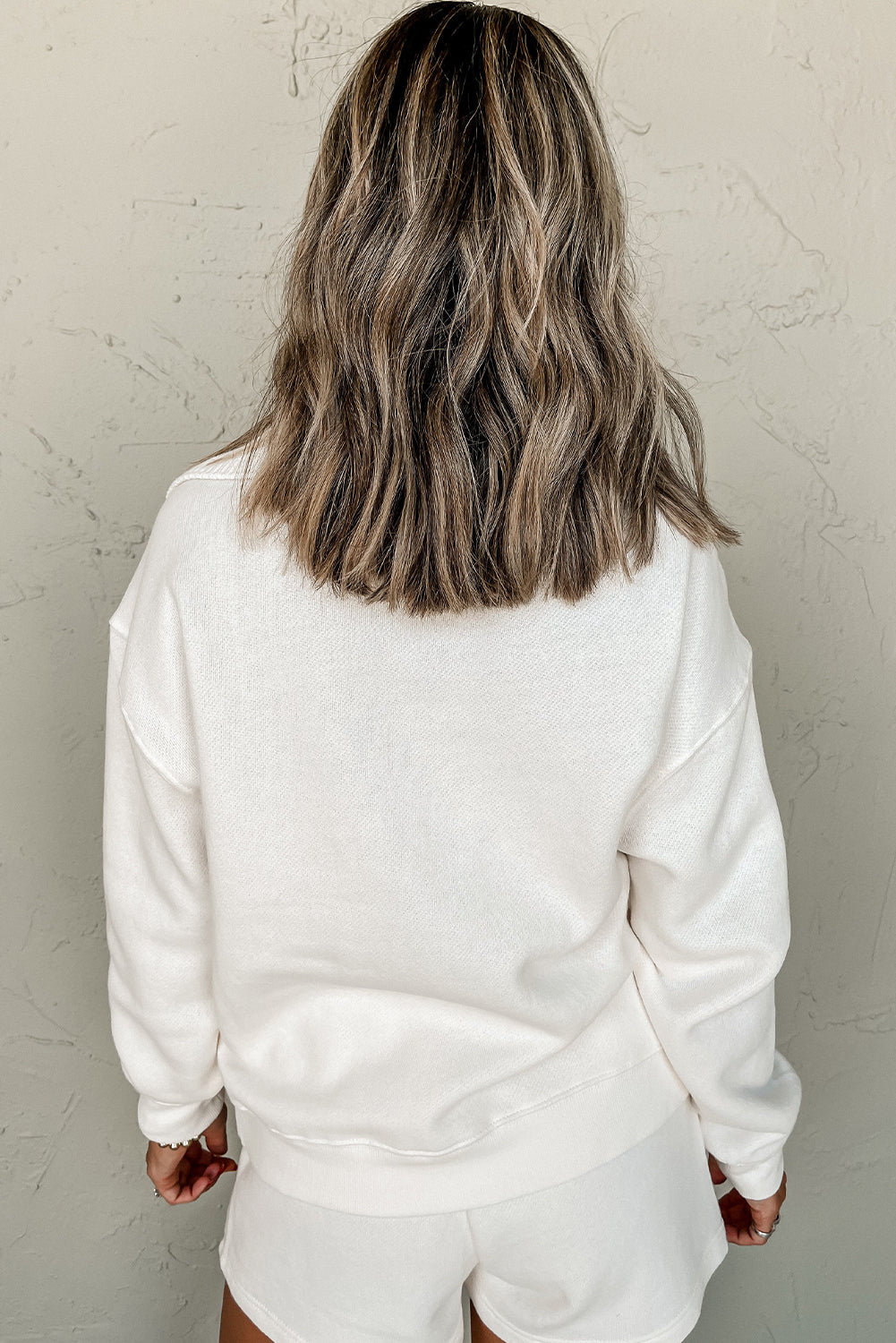 White Ribbed Collar Sweatshirt and Shorts Set
