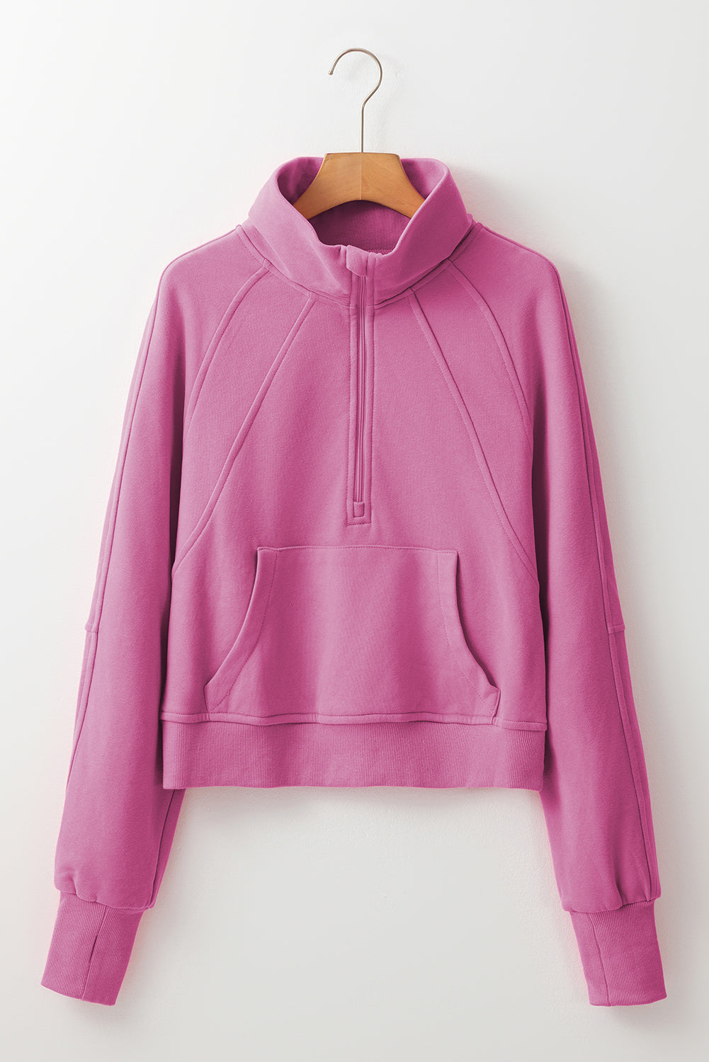 Pink Fleece Lined Zip Up Thumbhole Sleeve Sweatshirt