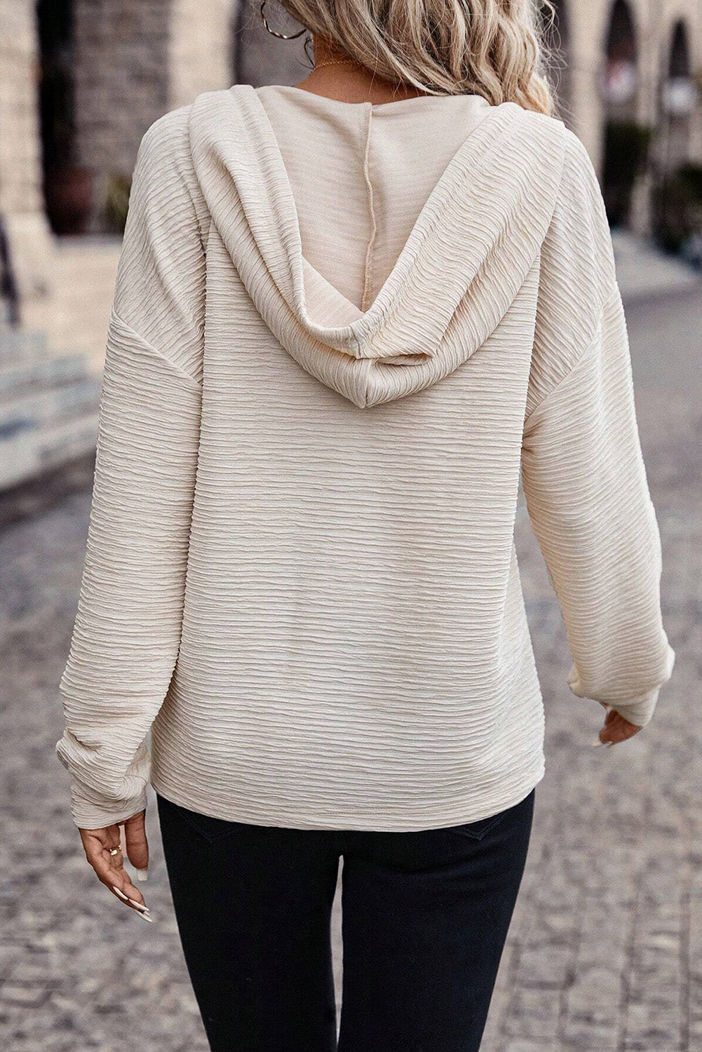 Apricot Solid Textured Drawstring Hoodie