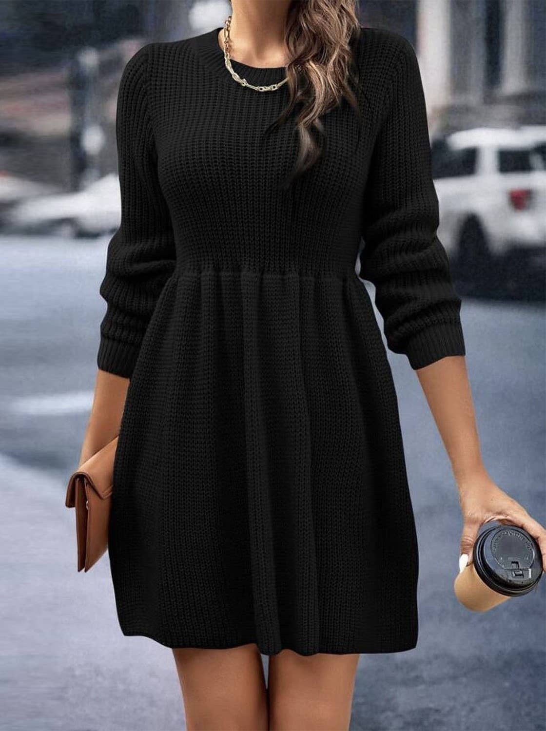 Round-Neck Waist-Cinched Knitted Sweater Dress