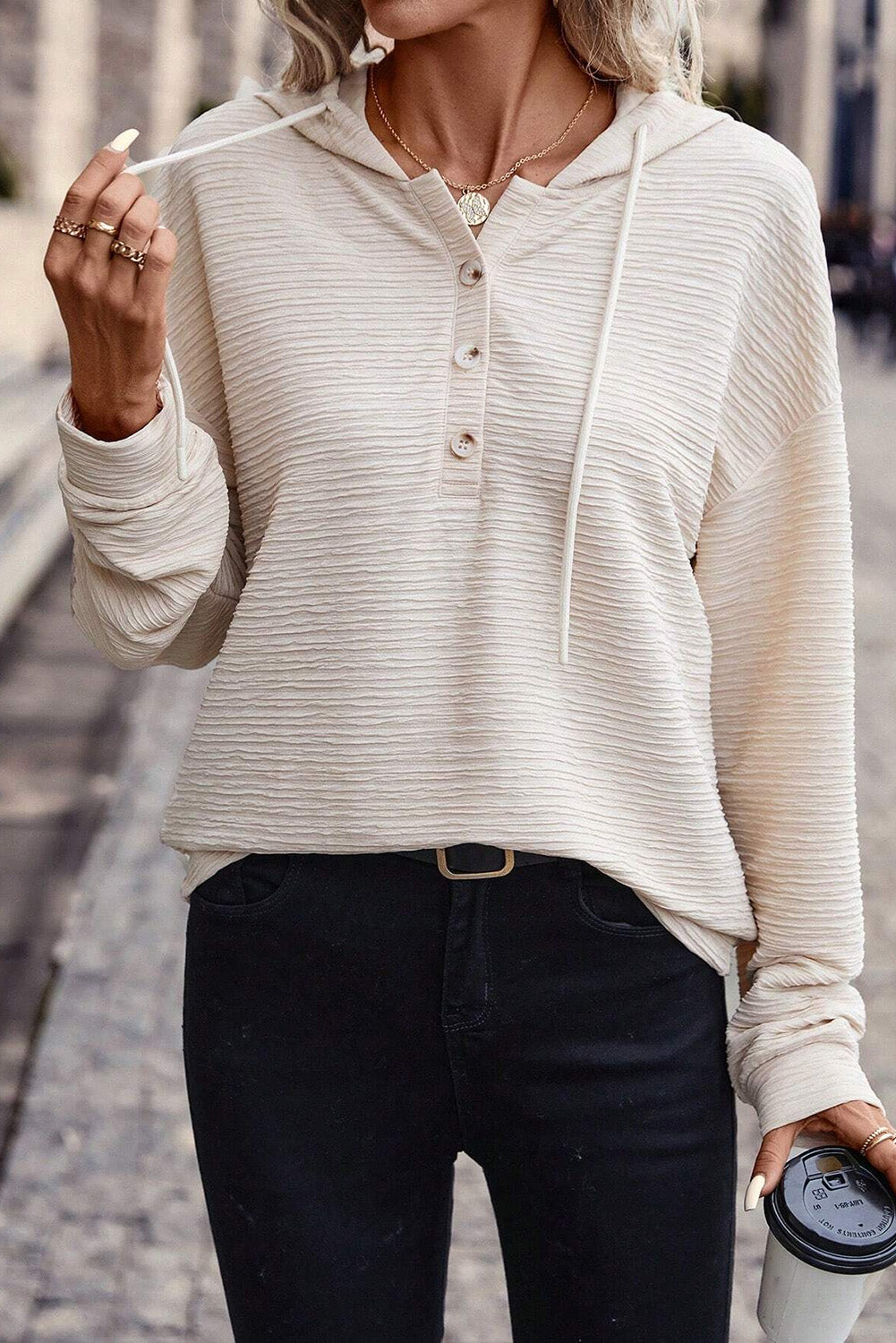 Apricot Solid Textured Drawstring Hoodie