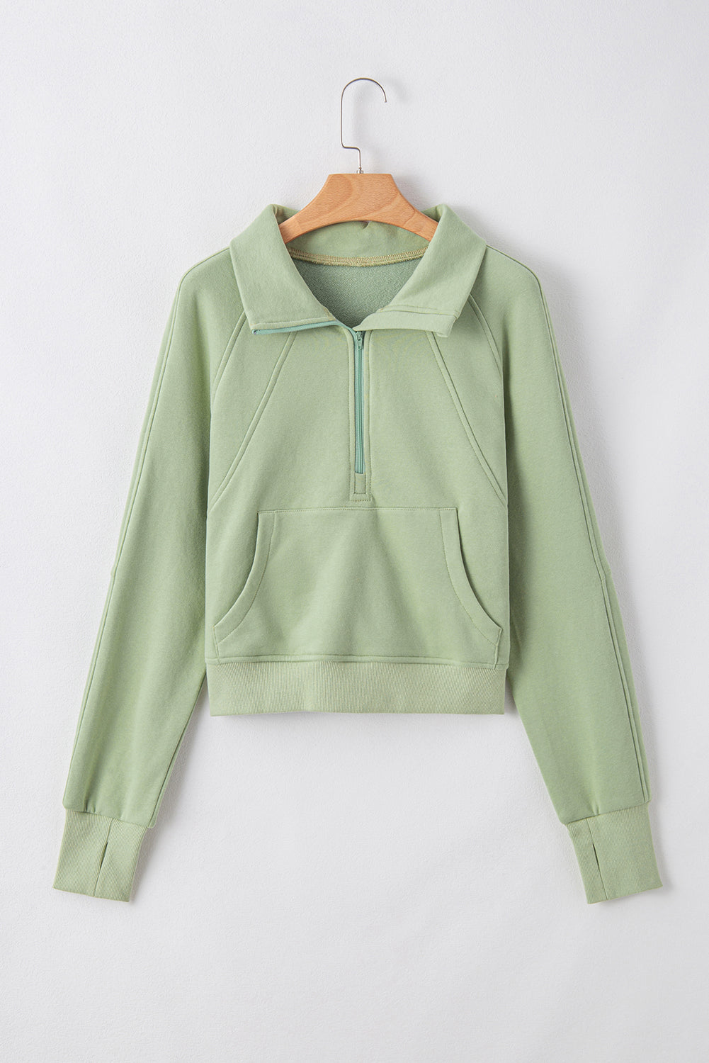 Green Fleece Lined Zip Up Thumbhole Sleeve Sweatshirt