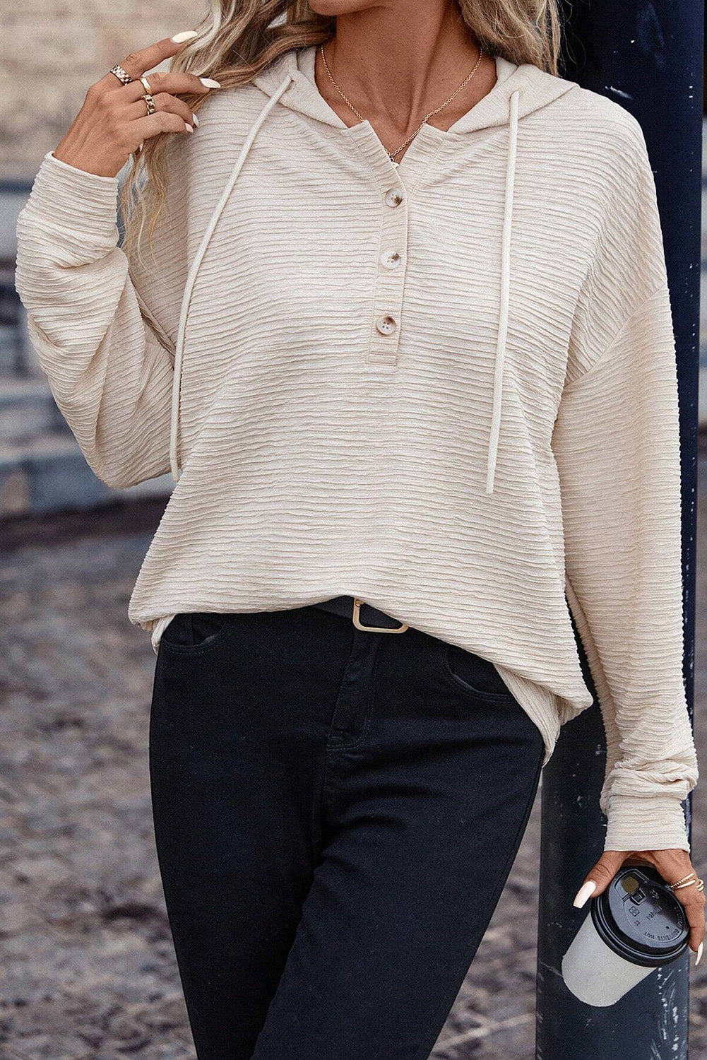 Apricot Solid Textured Drawstring Hoodie
