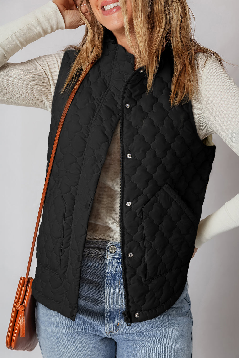 Black Quilted Snap Button Zip Up Winter Vest