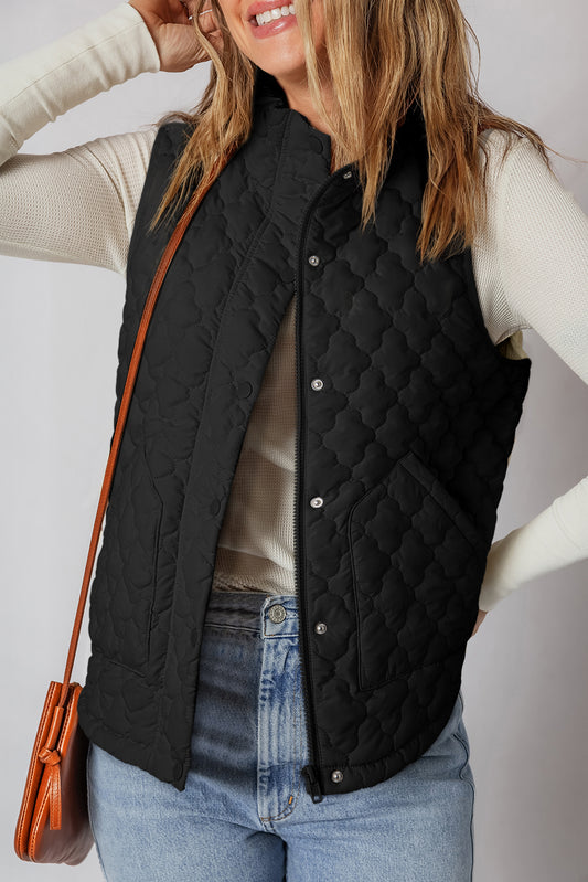 Black Quilted Snap Button Zip Up Winter Vest
