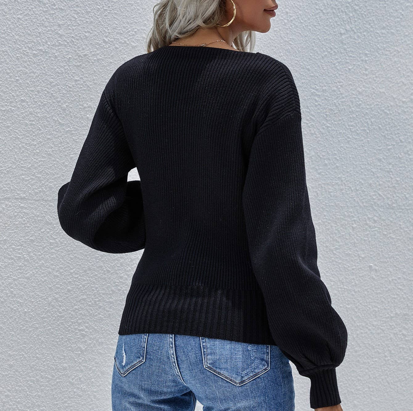 Crossover V-Neck Balloon Sleeve Knit Top