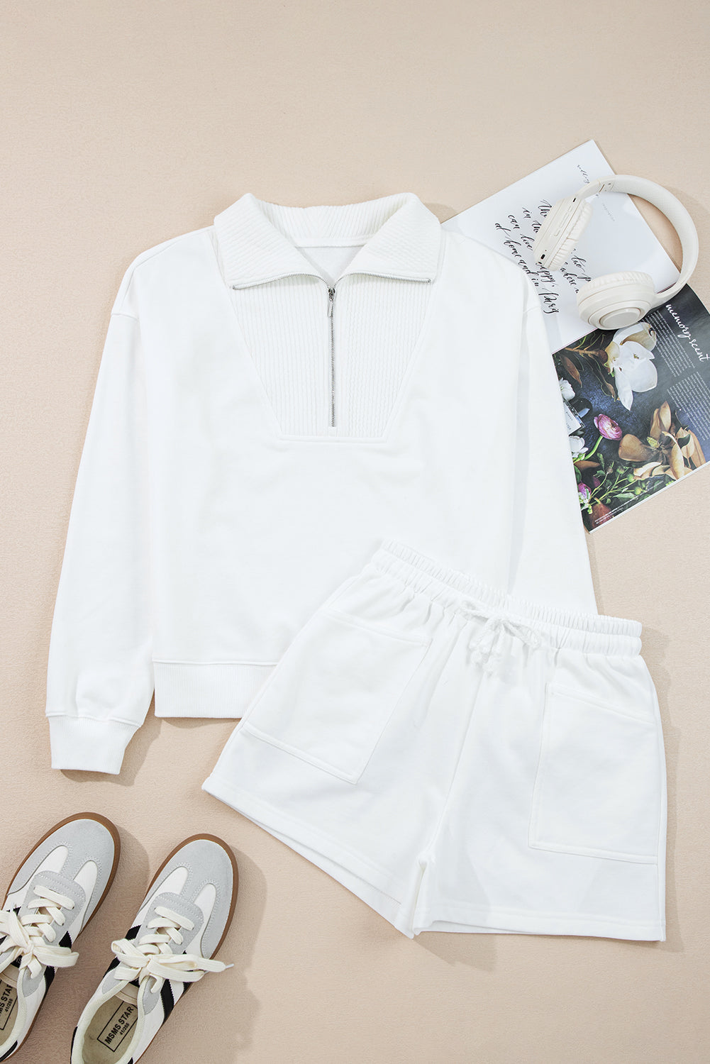 White Ribbed Collar Sweatshirt and Shorts Set