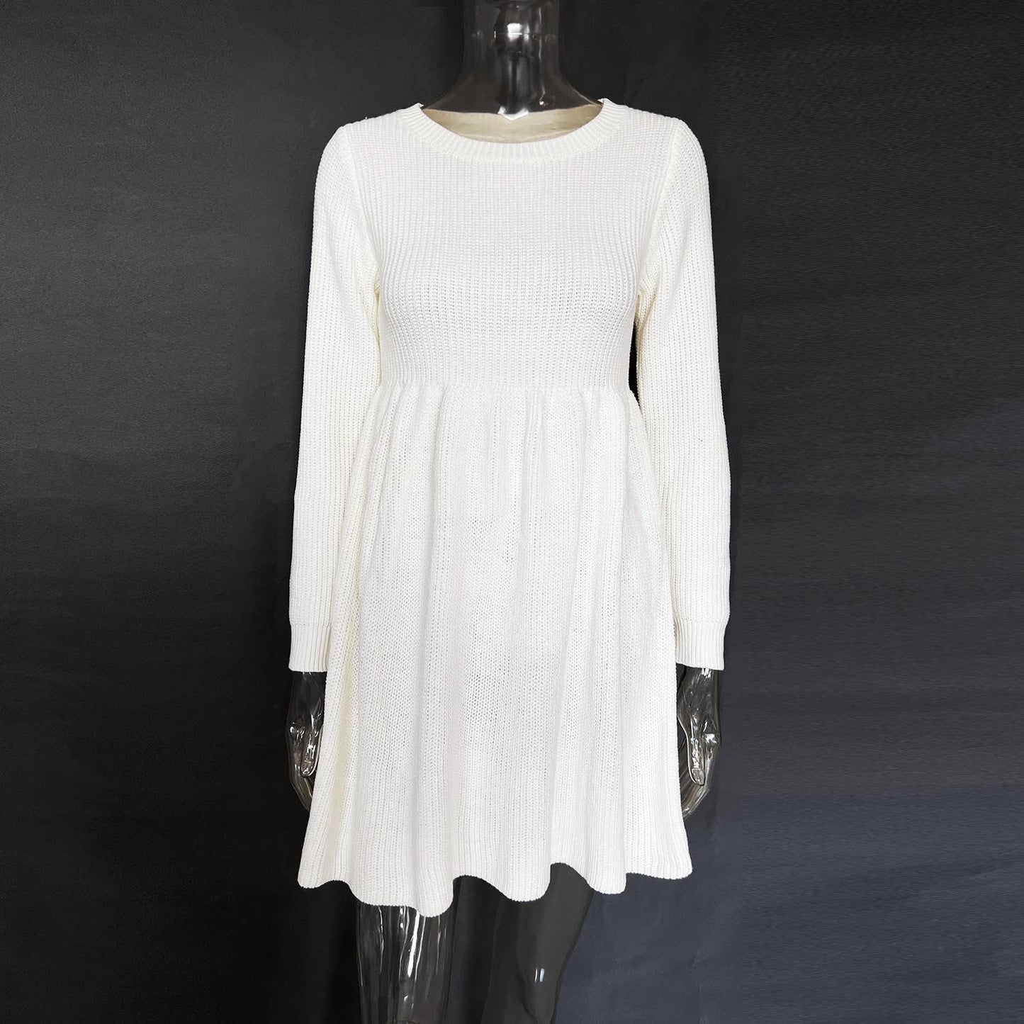 Round-Neck Waist-Cinched Knitted Sweater Dress