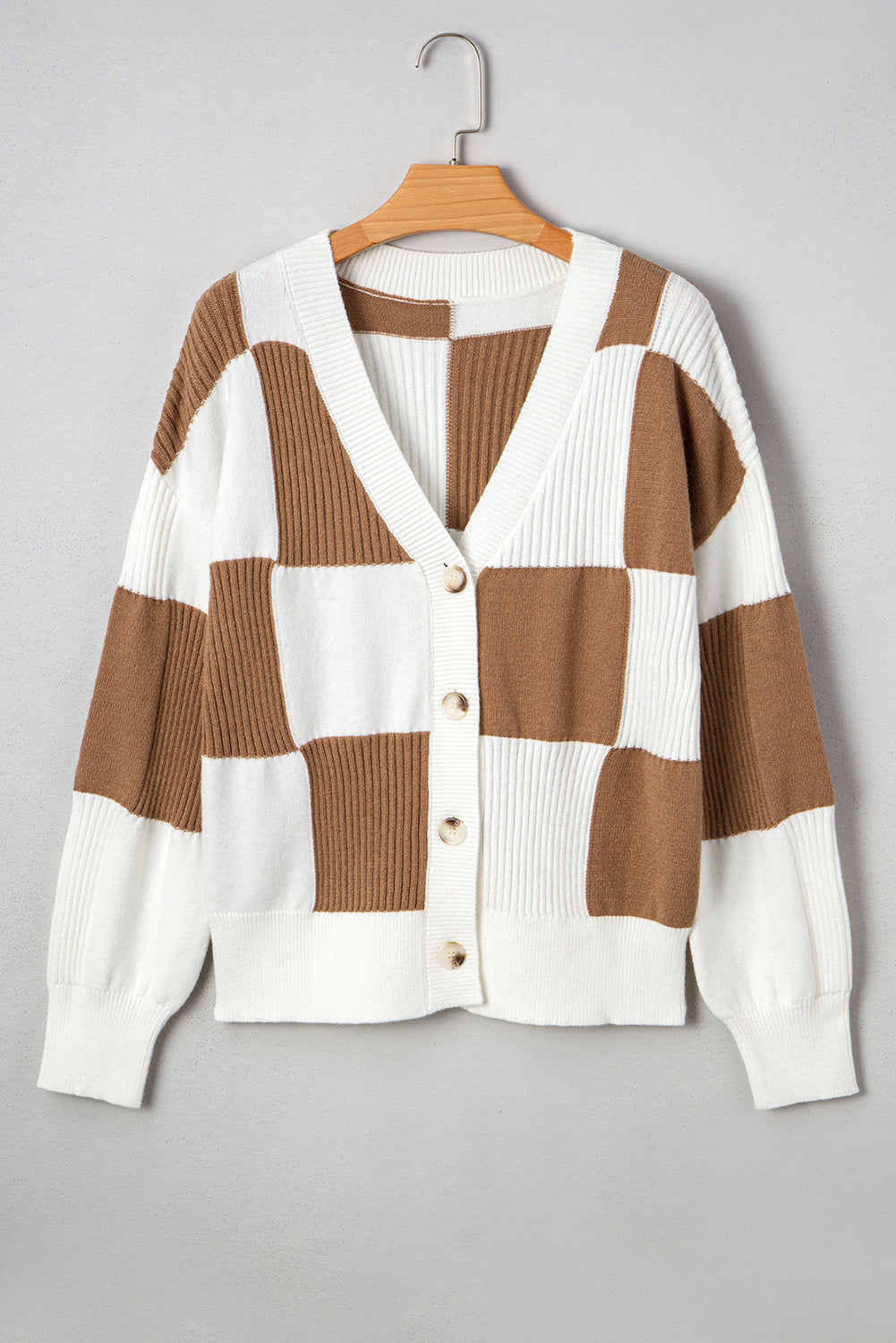 Brown and White Checkered Pattern Knit Cardigan