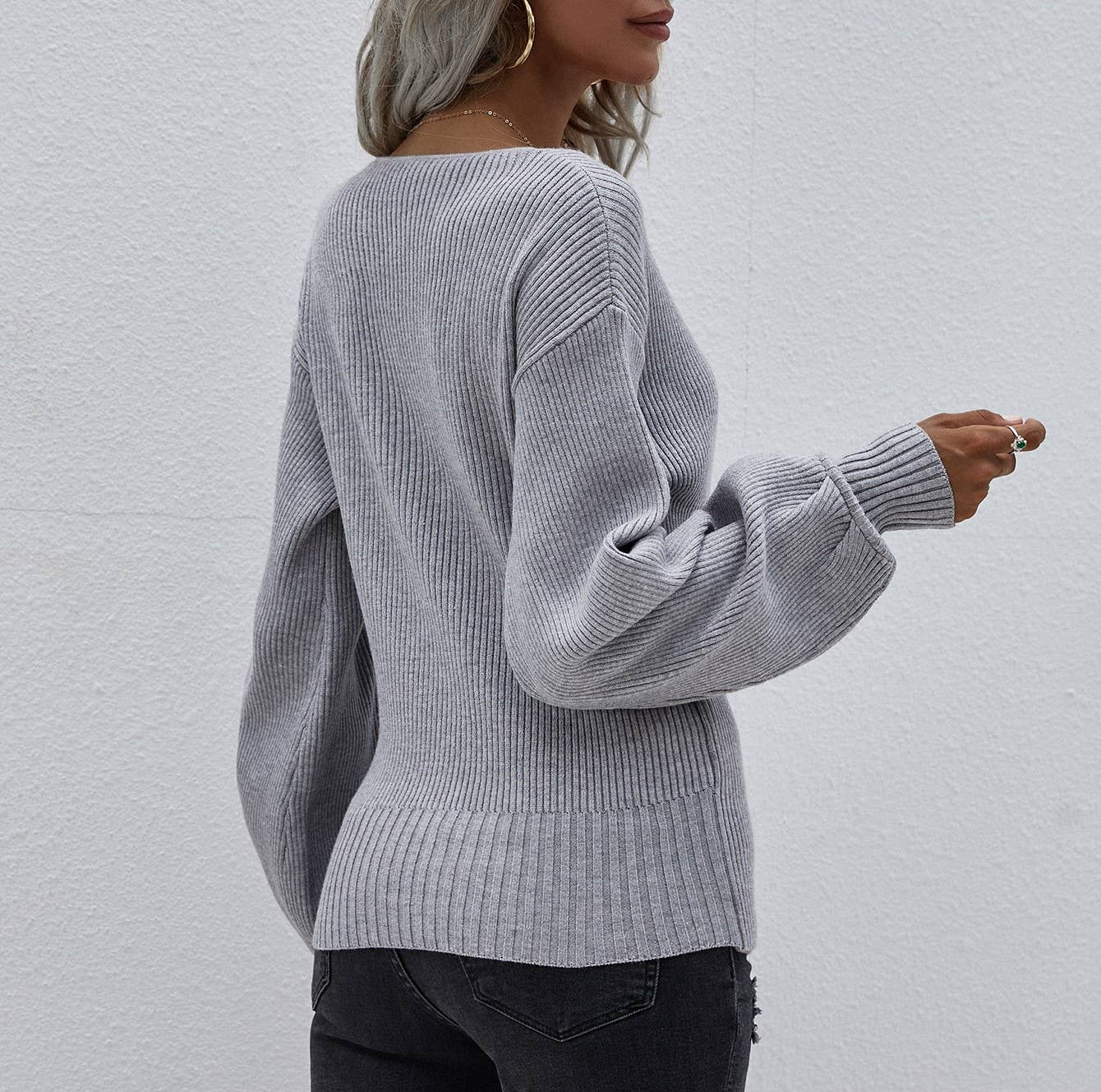 Crossover V-Neck Balloon Sleeve Knit Top