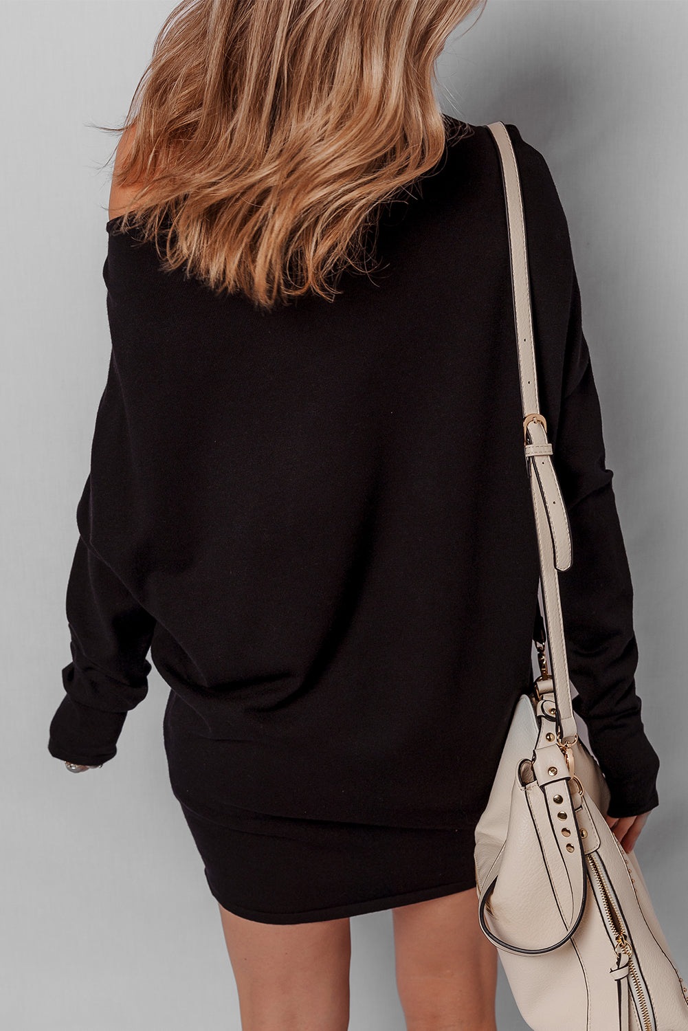 Black Asymmetric Neck Mini Sweater Dress
