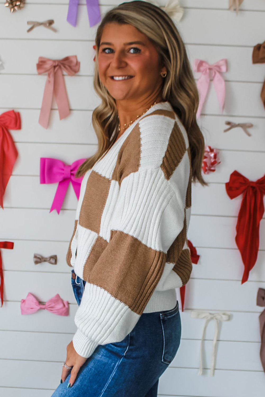 Brown and White Checkered Pattern Knit Cardigan