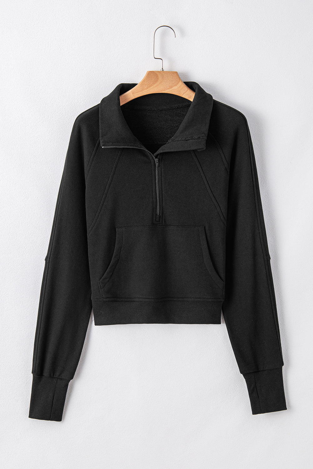 Black Fleece Lined Zip Up Thumbhole Sleeve Sweatshirt
