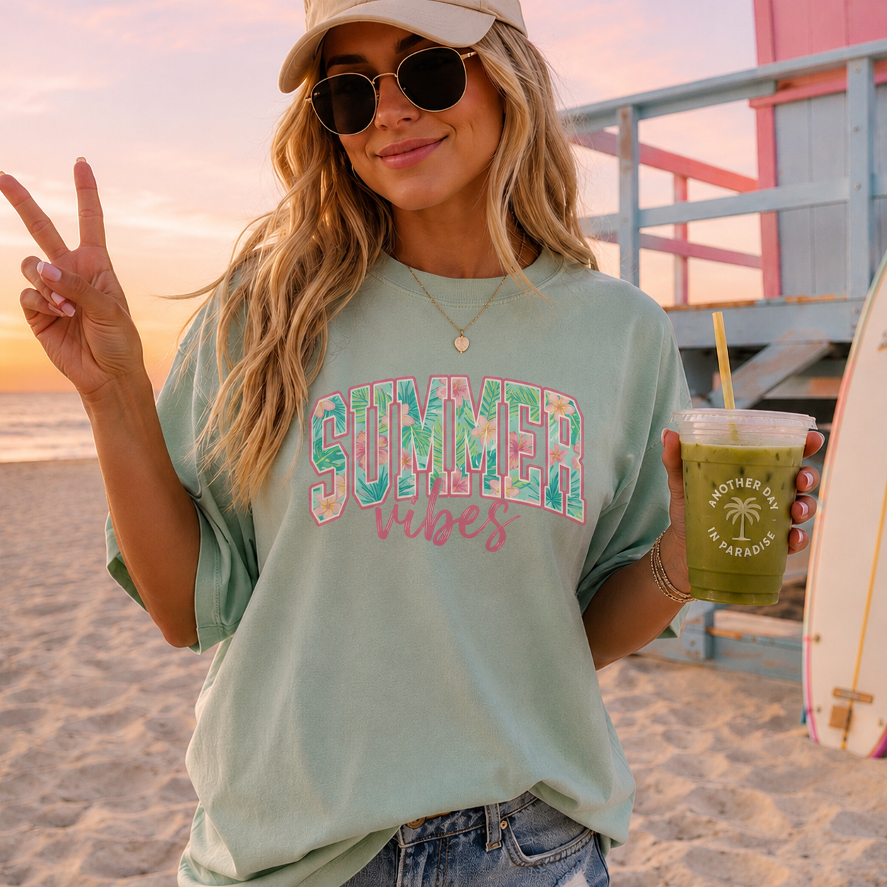Woman on a beach wearing a 'Summer vibes' t-shirt and holding a drink.