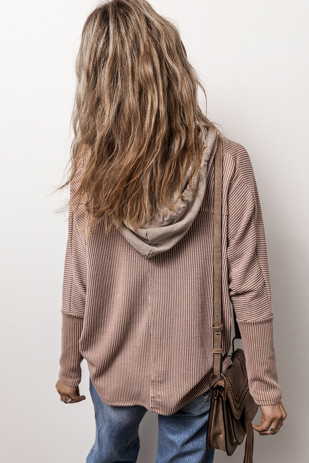 Brown Patchwork Corded Drawstring Hoodie