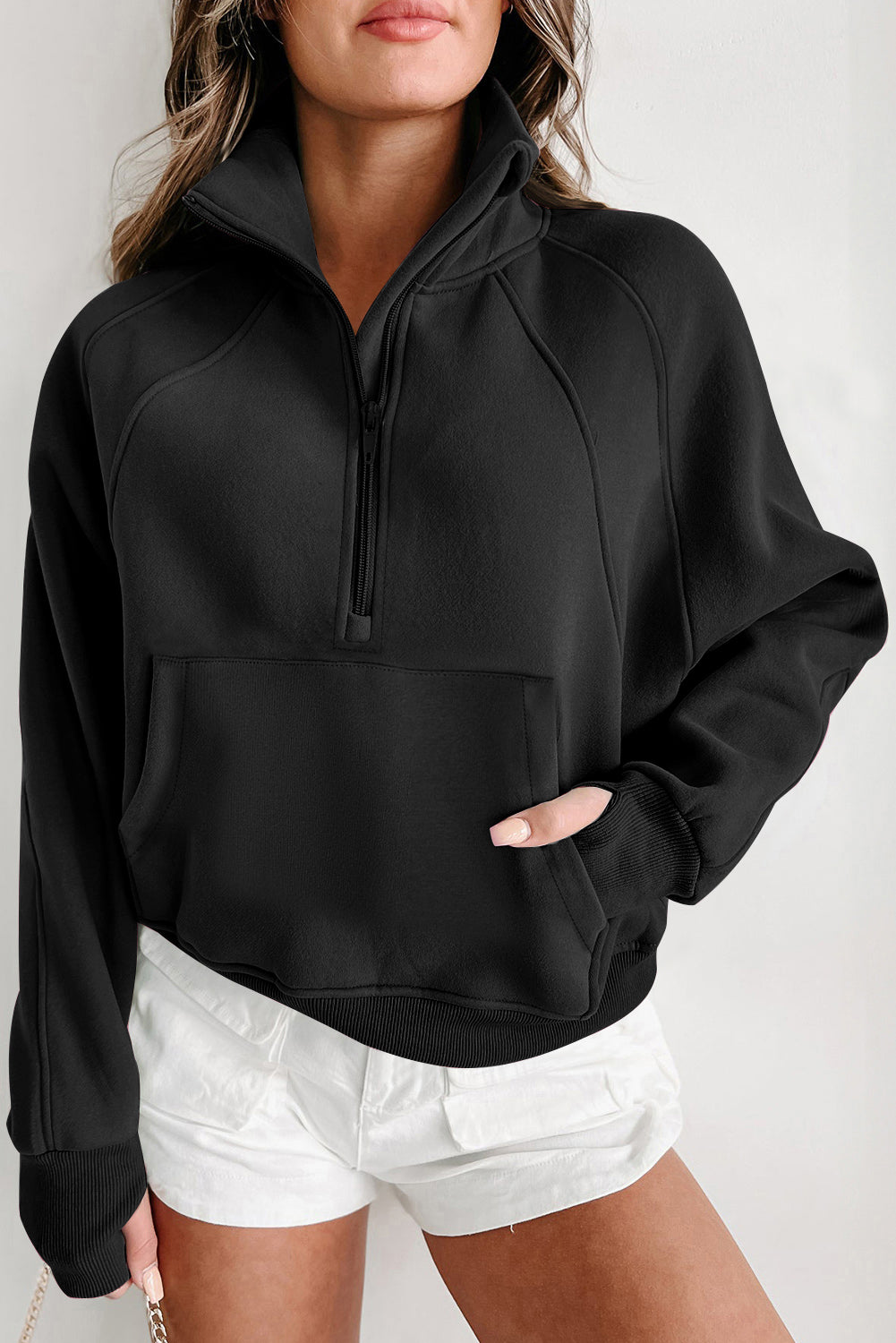 Black Fleece Lined Zip Up Thumbhole Sleeve Sweatshirt
