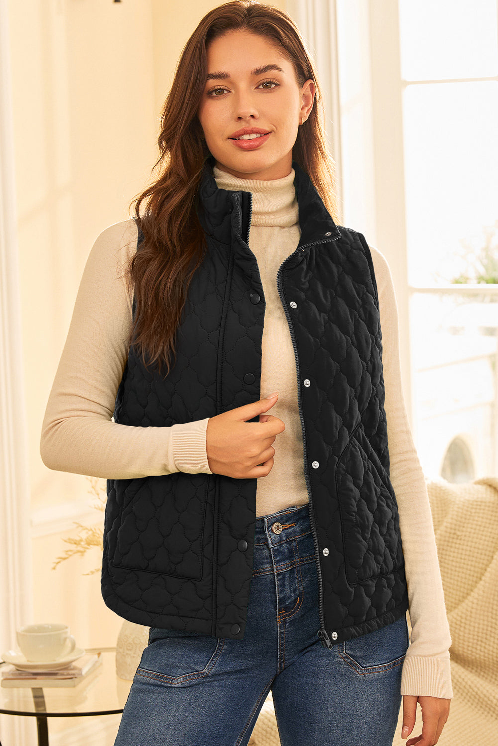 Black Quilted Snap Button Zip Up Winter Vest