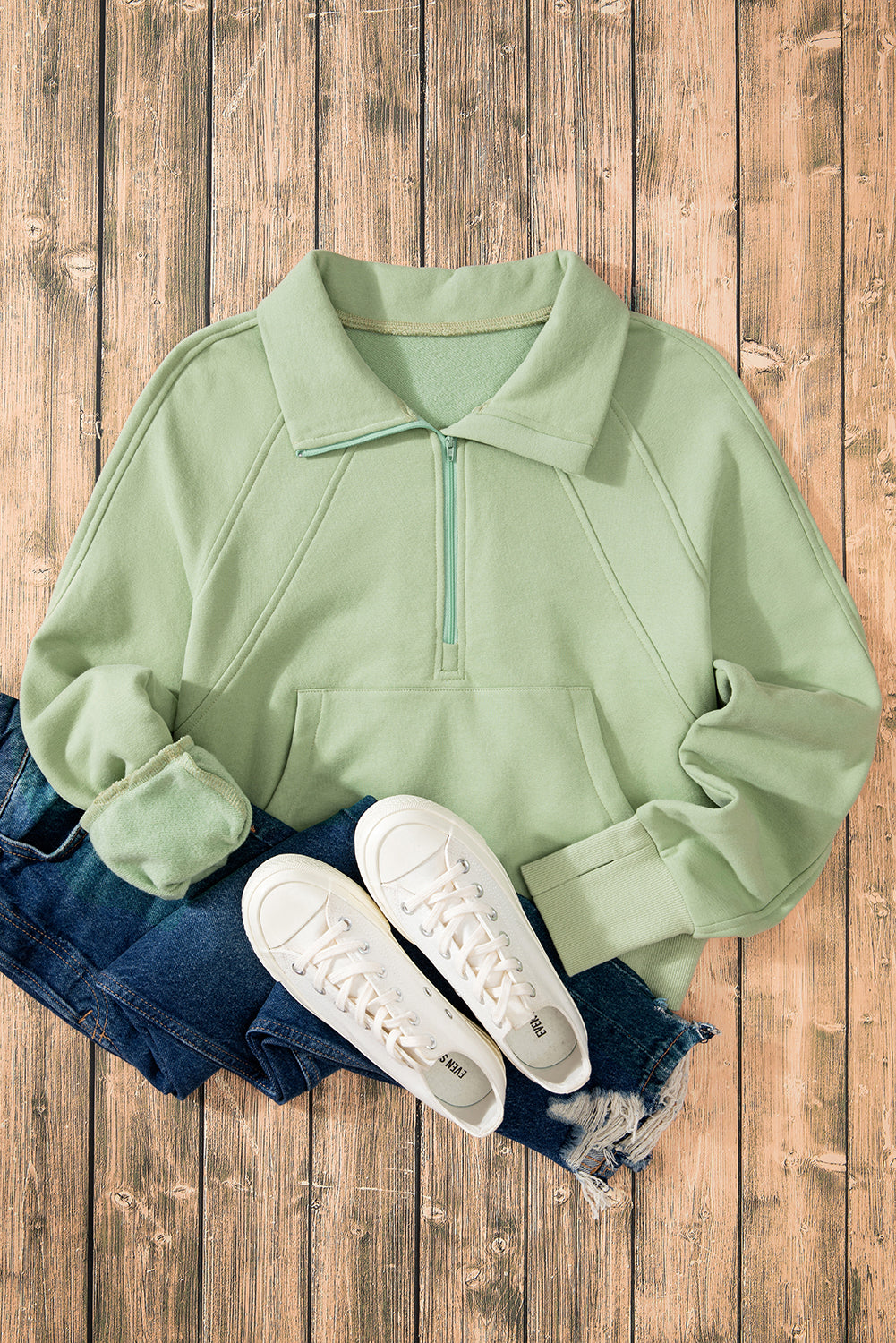 Green Fleece Lined Zip Up Thumbhole Sleeve Sweatshirt