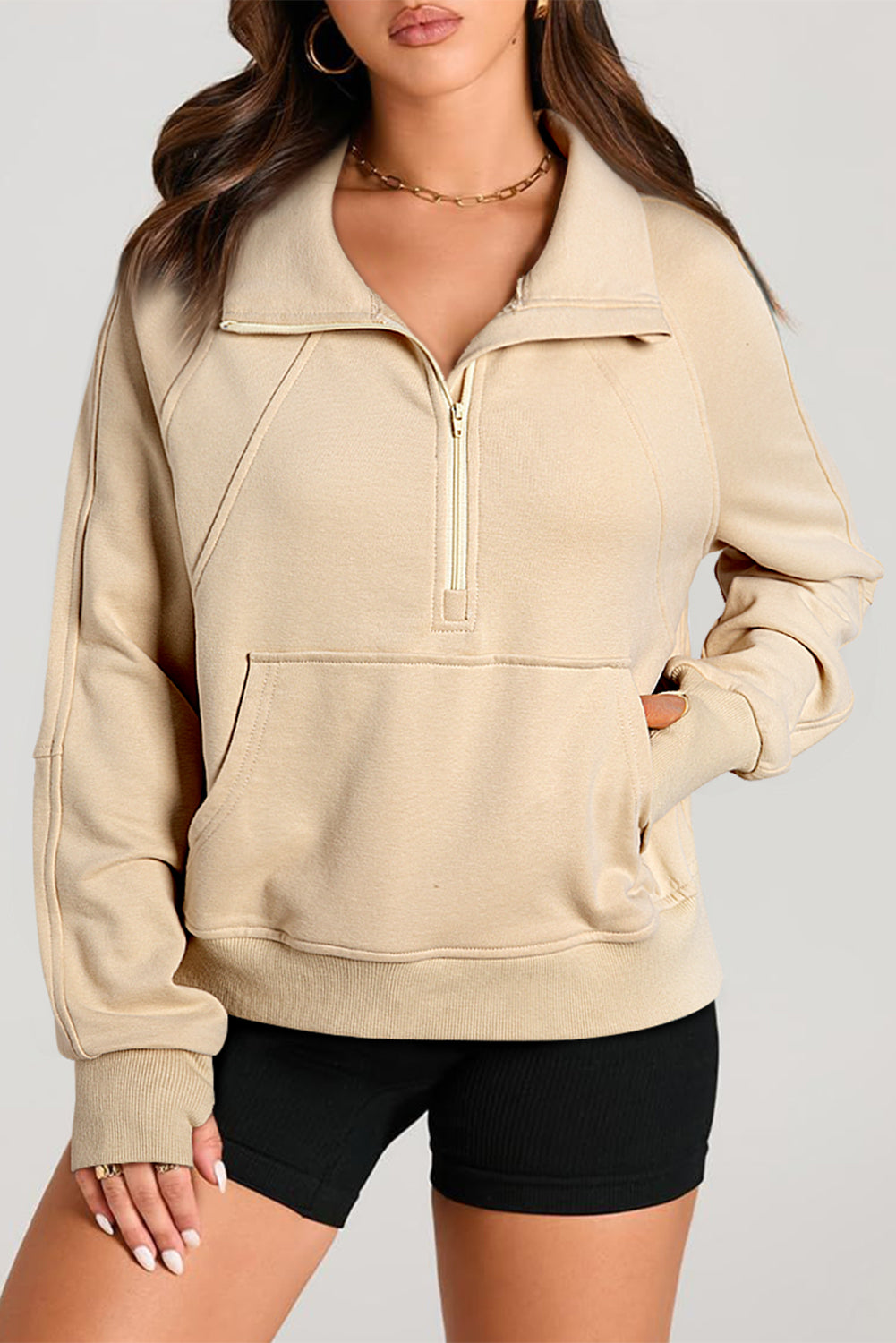 Parchment Quarter Zip Kangaroo Pocket Sweatshirt