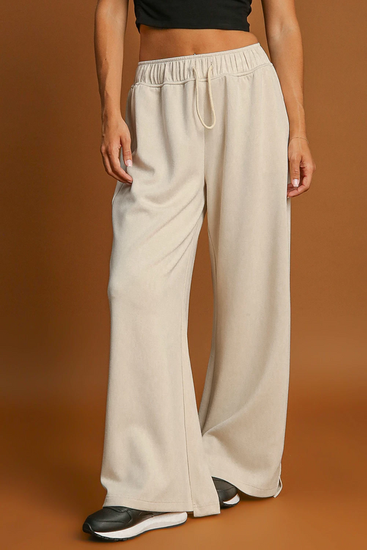 Apricot Drawstring Elastic Waistband Casual Wide Leg Pants