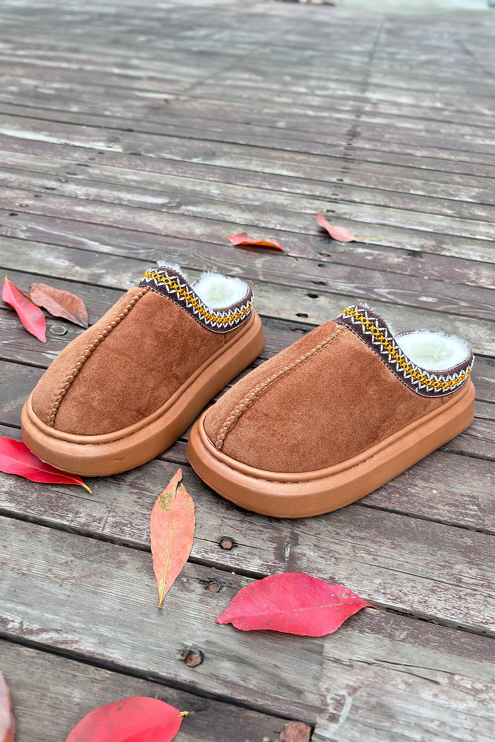 Chestnut Contrast Edge Suede Plush Lined Slippers
