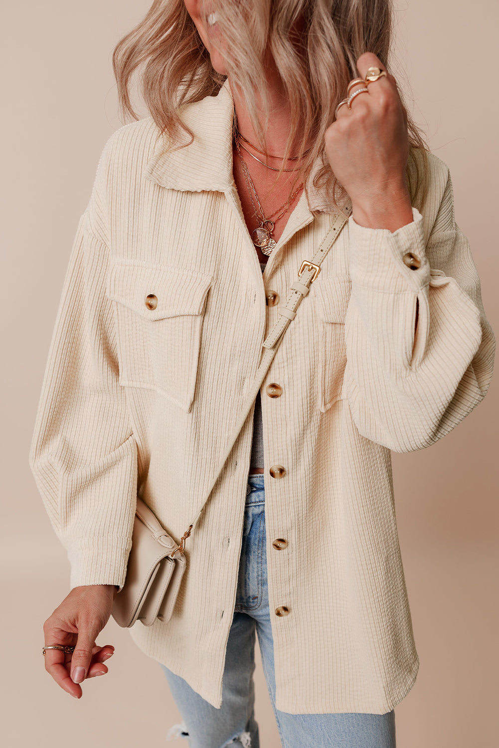 Oatmeal Corduroyt Button Up Shacket
