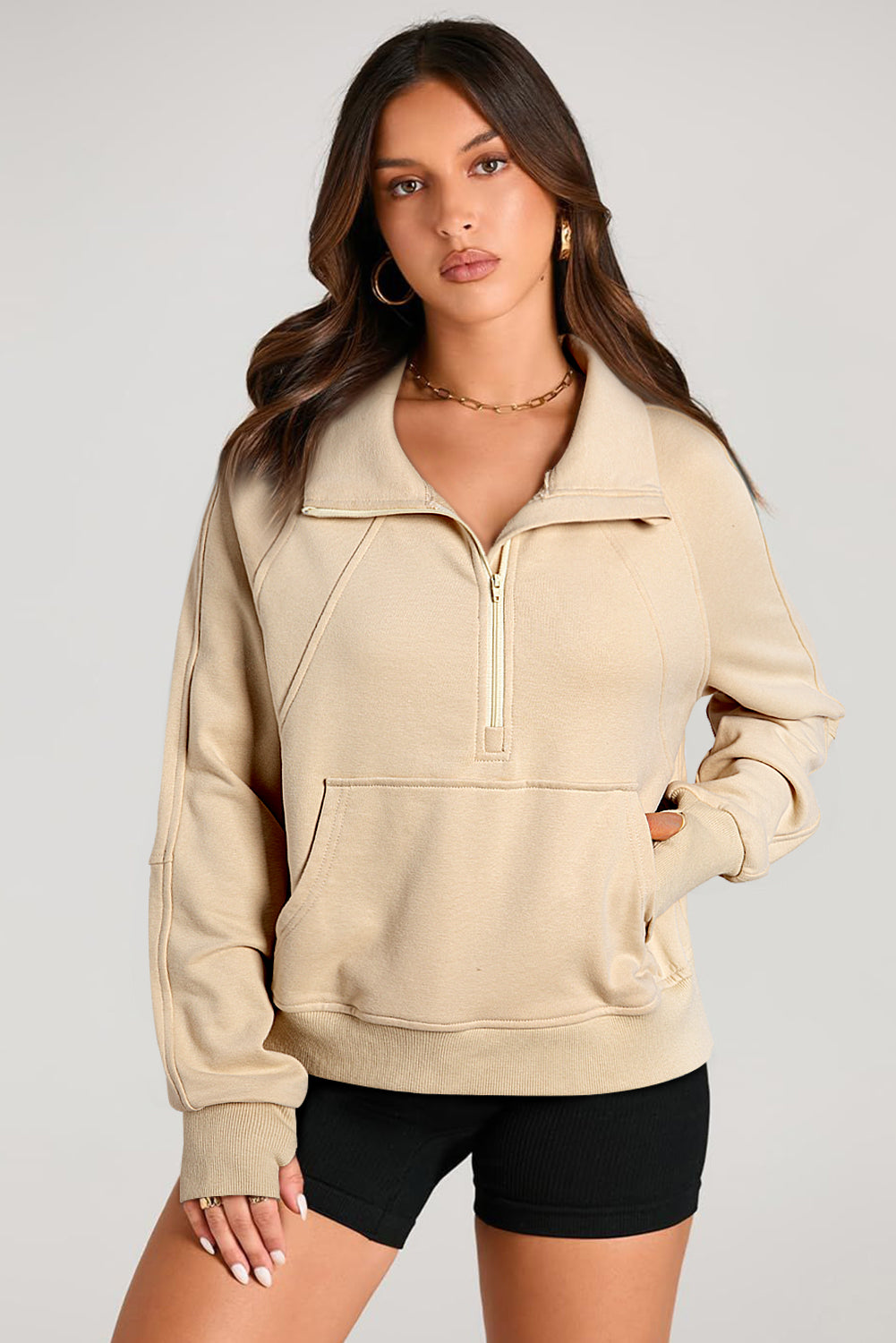 Parchment Quarter Zip Kangaroo Pocket Sweatshirt