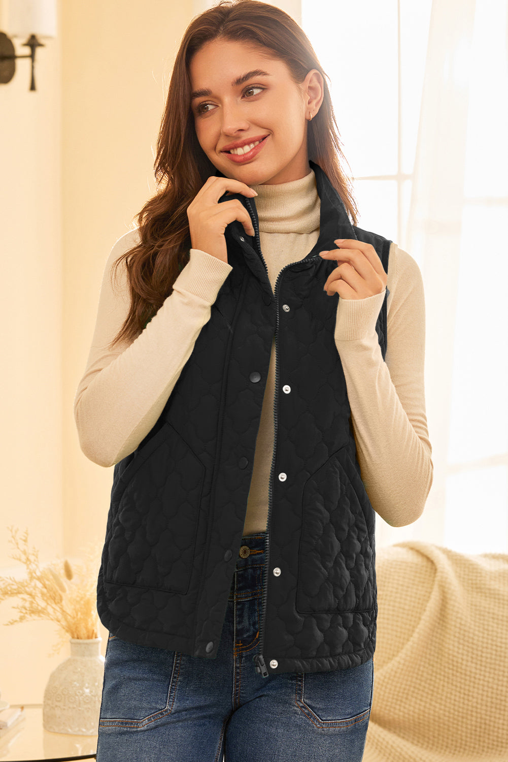 Black Quilted Snap Button Zip Up Winter Vest