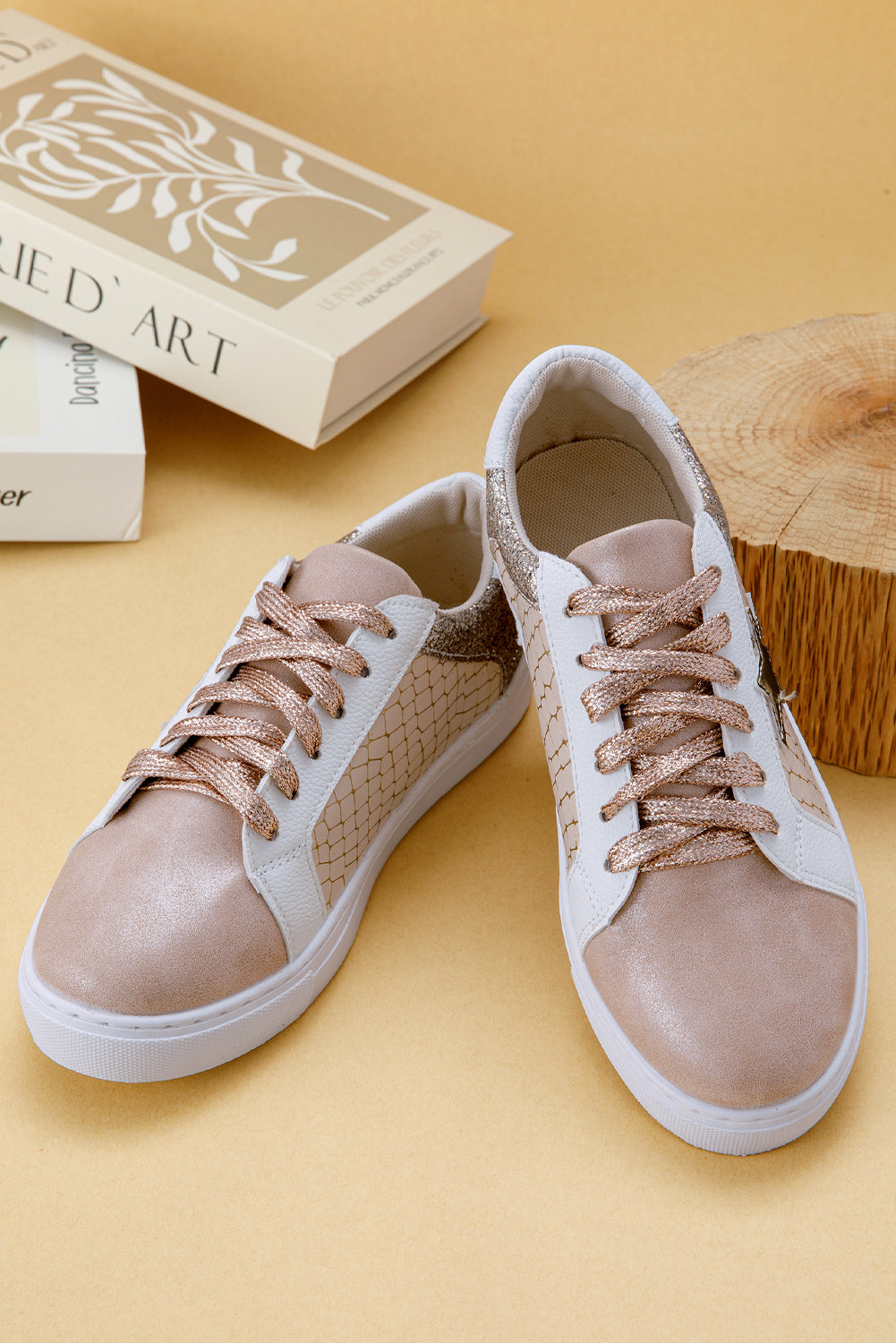 Gold Glitter Star Patchwork Leather Lace-up Sneakers