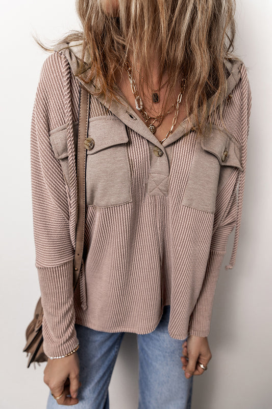 Brown Patchwork Corded Drawstring Hoodie