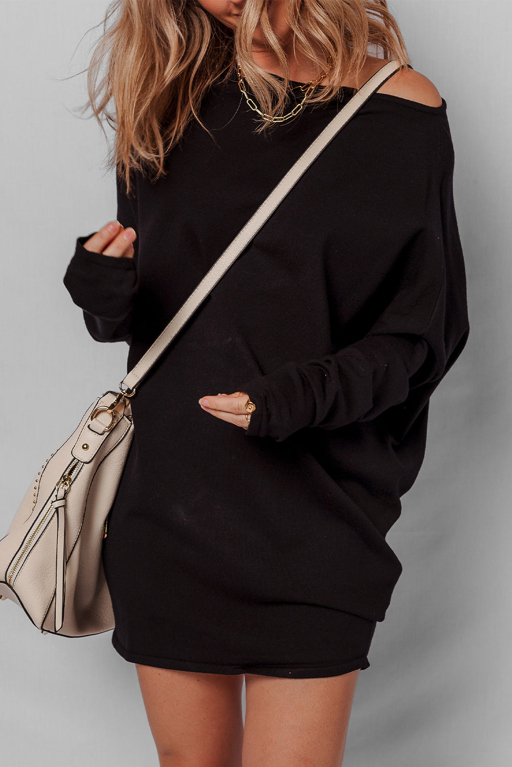 Black Asymmetric Neck Mini Sweater Dress