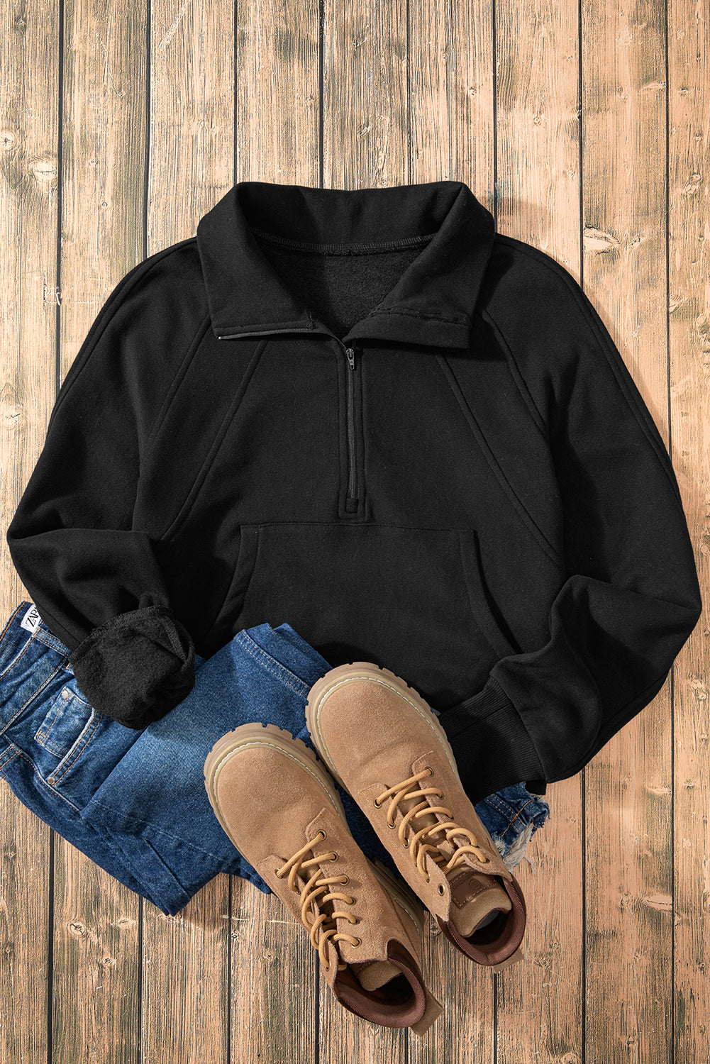 Black Fleece Lined Zip Up Thumbhole Sleeve Sweatshirt