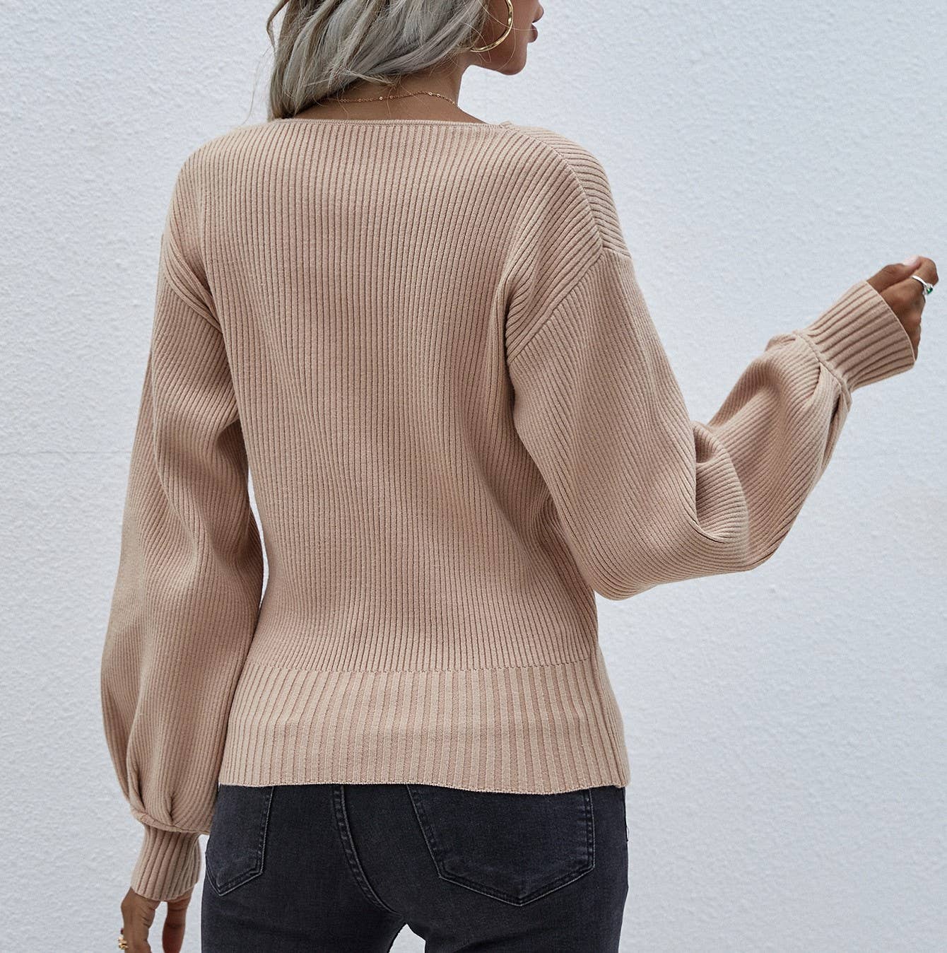 Crossover V-Neck Balloon Sleeve Knit Top