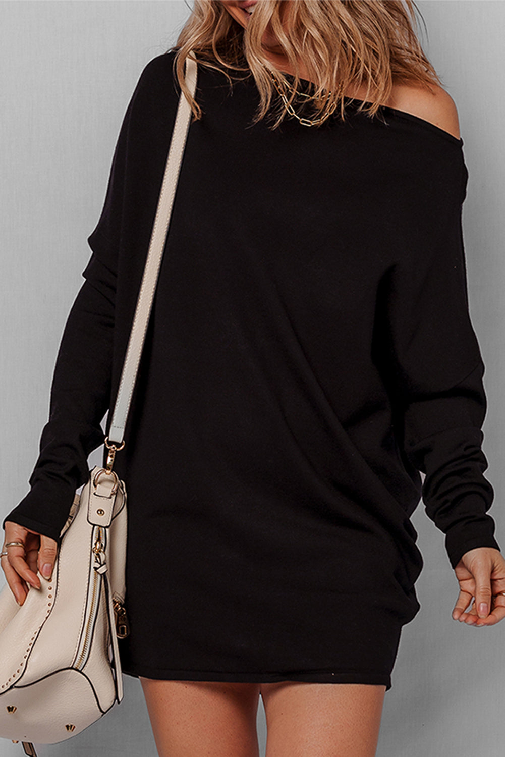 Black Asymmetric Neck Mini Sweater Dress