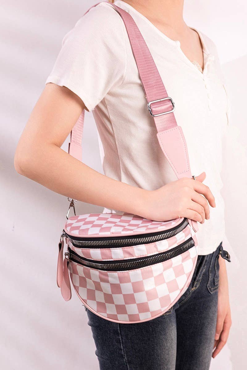 pink checkered crescent sling crossbody bag
