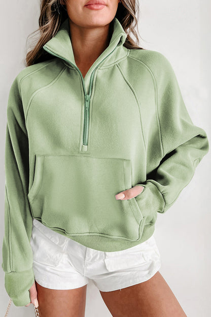 Green Fleece Lined Zip Up Thumbhole Sleeve Sweatshirt