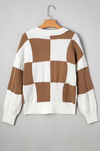 Brown and White Checkered Pattern Knit Cardigan