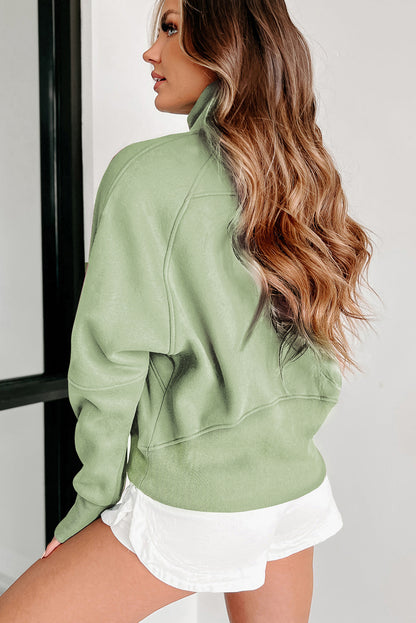 Green Fleece Lined Zip Up Thumbhole Sleeve Sweatshirt