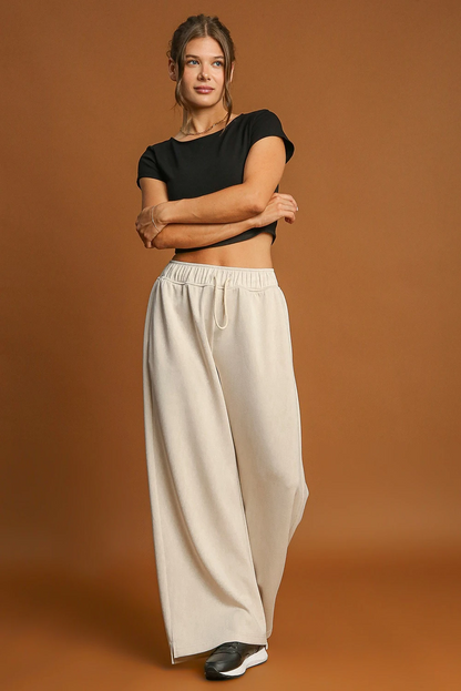 Apricot Drawstring Elastic Waistband Casual Wide Leg Pants