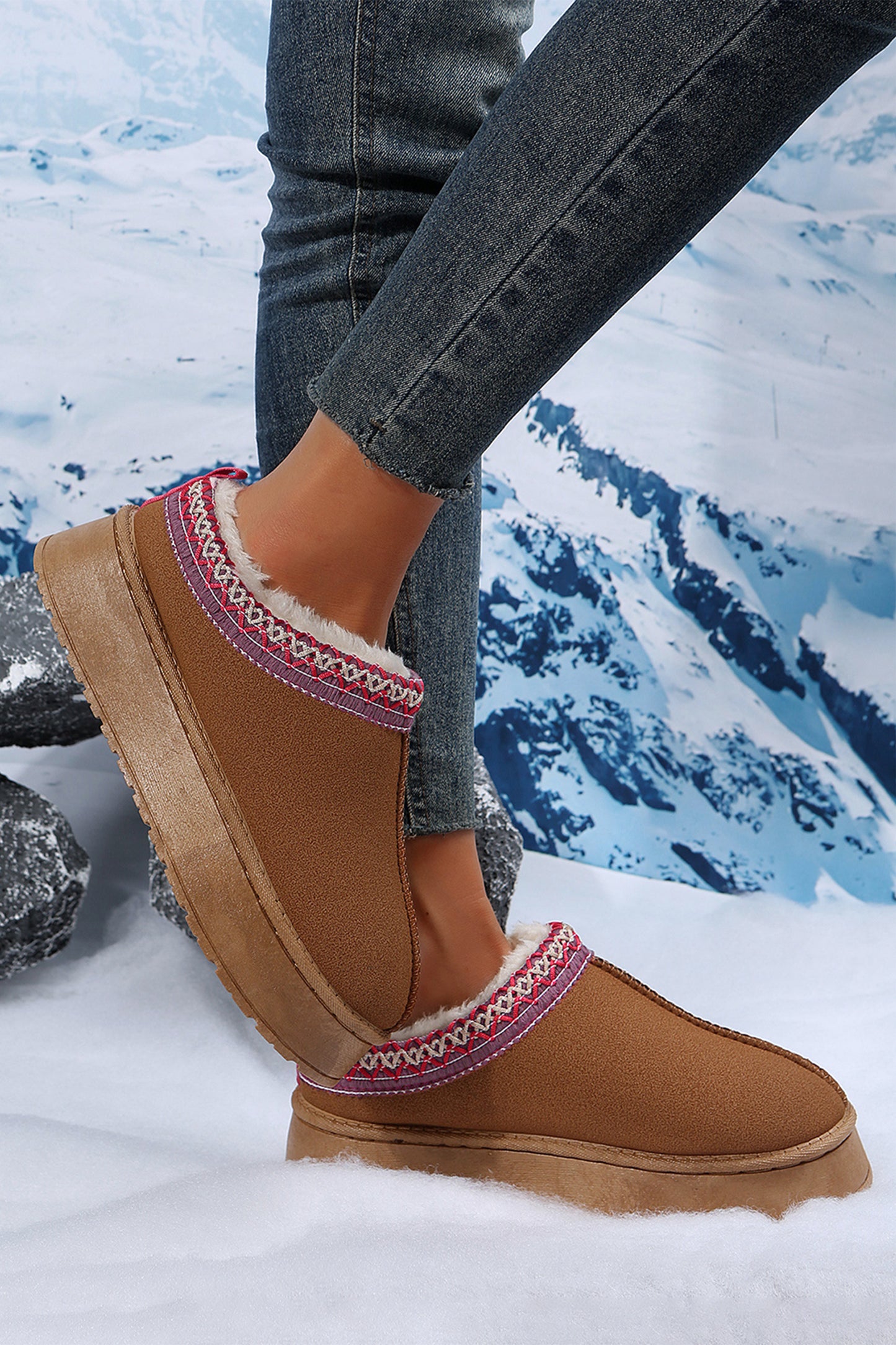 Chestnut Contrast Print Suede Plush Lined Snow Boots